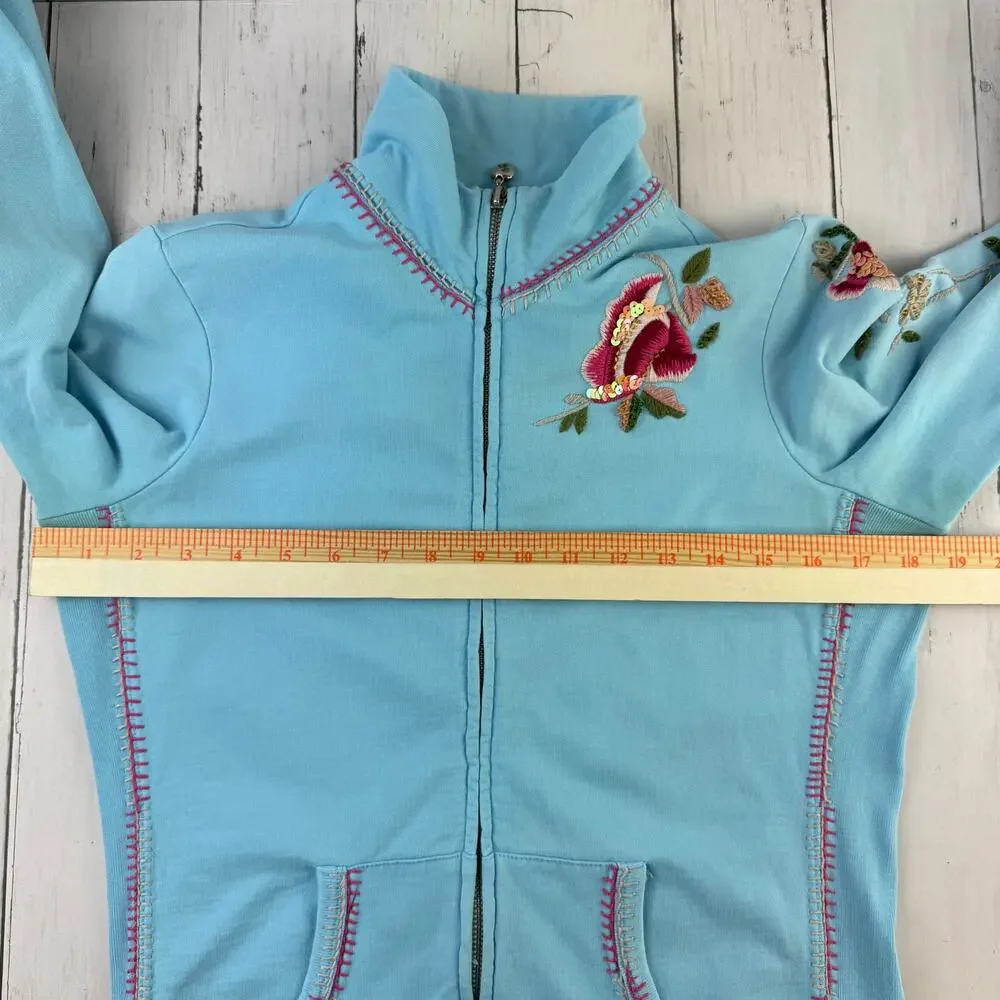 VTG Twisted Heart Blue Y2K Floral Embroidered Sequin Full Zip Jacket Size Medium - Picture 13 of 14